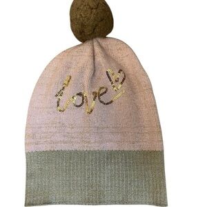 NWOT TOBY & ME Girl’s Pink Tan & Gold Glitter Hat& Sequins “Love” Hat w/ PomPom